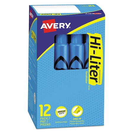 Avery HI-LITER Desk-Style Highlighters, Chisel Tip, Fluorescent Blue, PK12 24016